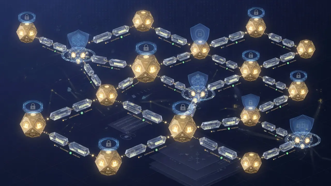 Blockchain-Netzwerk mit Knotenpunkten und Datenverbindungen
