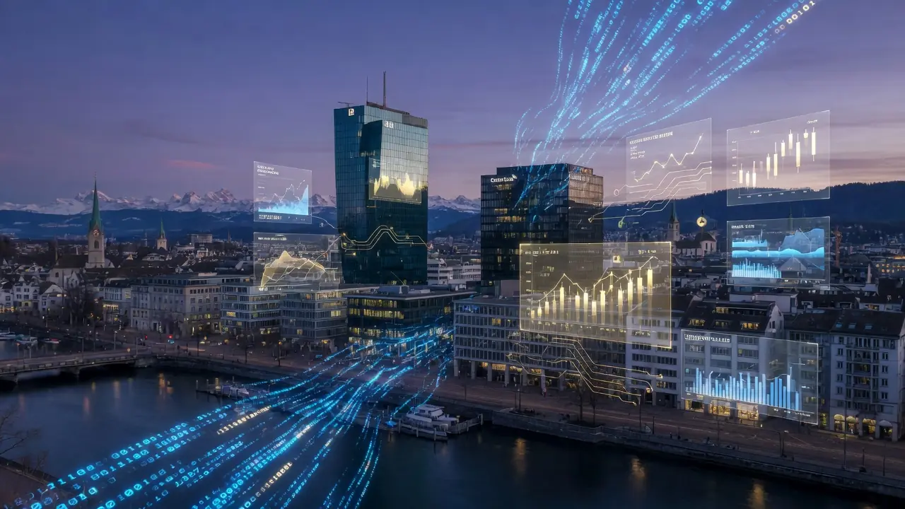 Skyline einer Schweizer Stadt mit digitalen Datenströmen