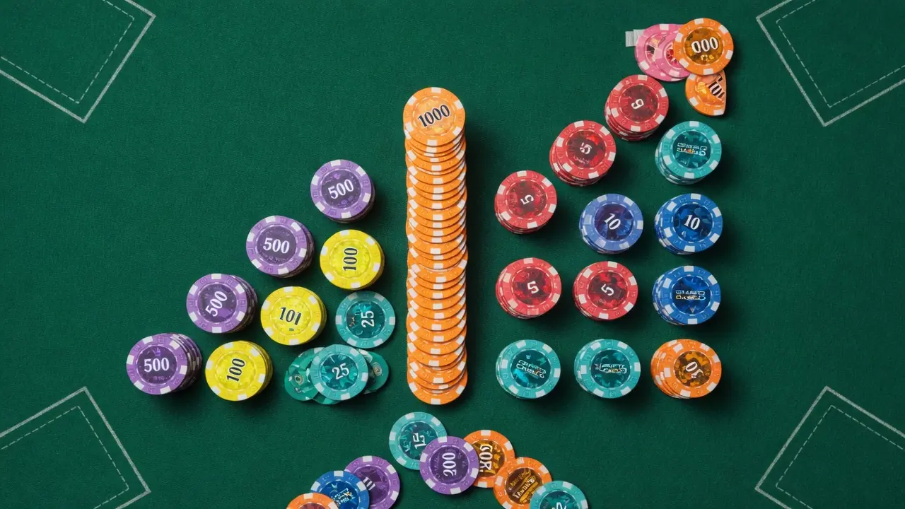 Anordnung von Pokerchips auf grünem Filz