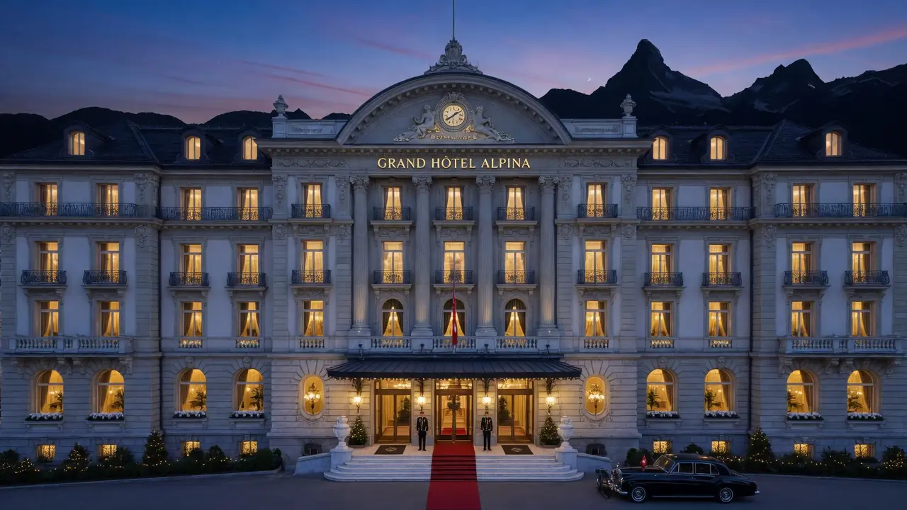 Fassade eines Schweizer Luxushotels bei Abendlicht