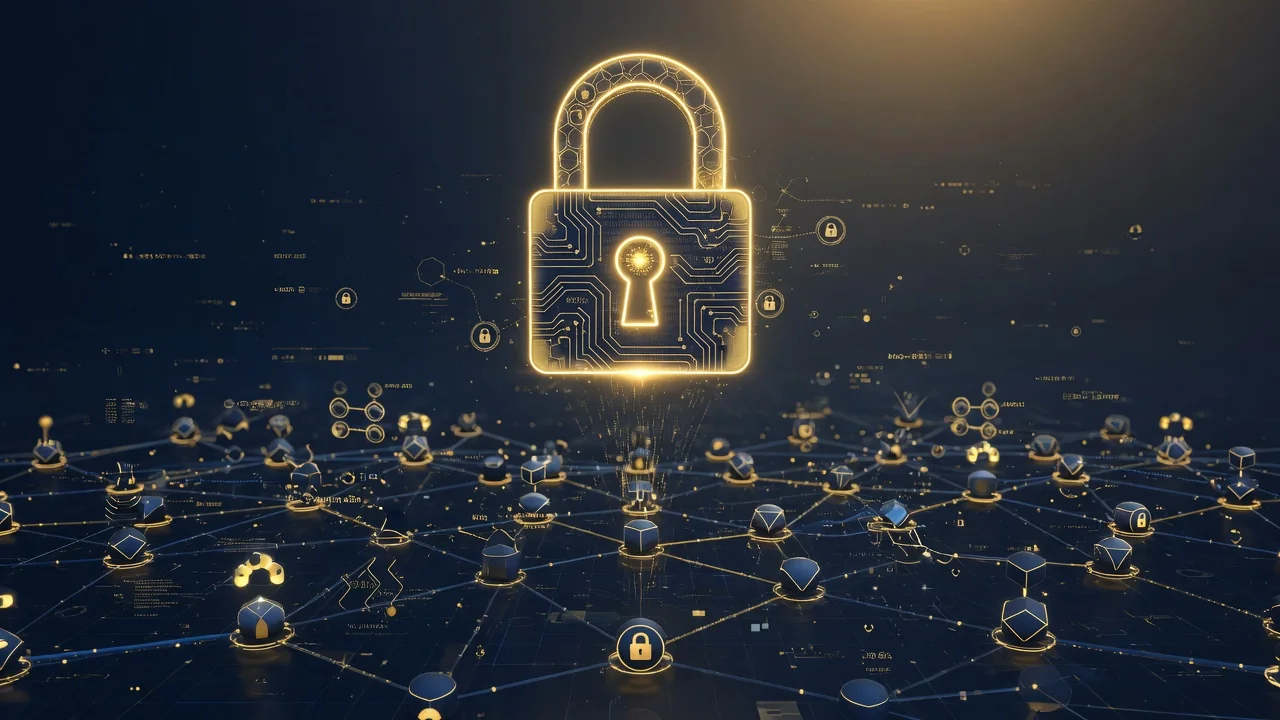 Digitales Schloss über einem Netzwerk aus Datenpunkten